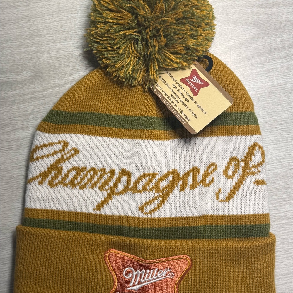 Miller High Life pom pom beanie - Gold and Green